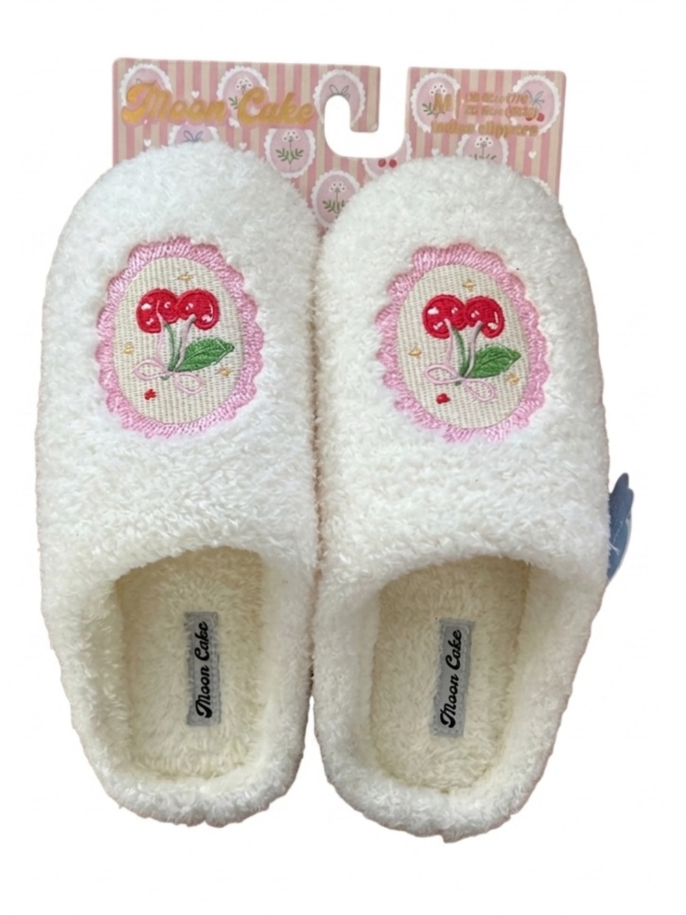 Moon Cake Cherry Embroidered Fuzzy Slippers Medium (7/8) NWT